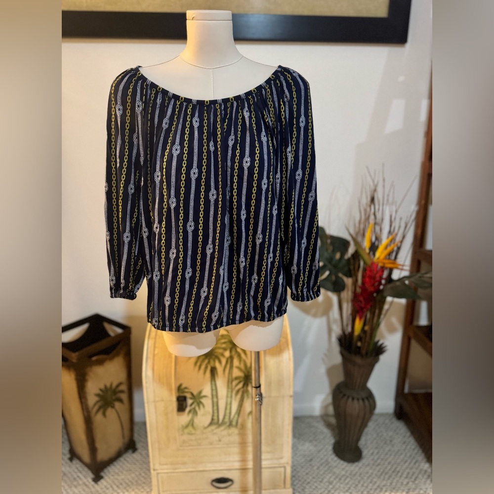 Michael Kors Women's Blouse Long Sleeve Chain Rope Print Navy Blue Yellow Small